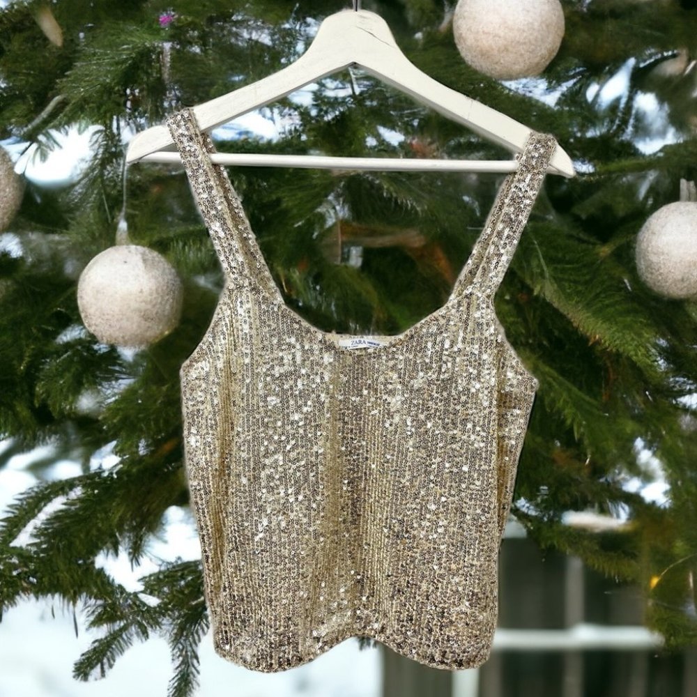 Zara Gold Sequin V Neck Tank Top Size M